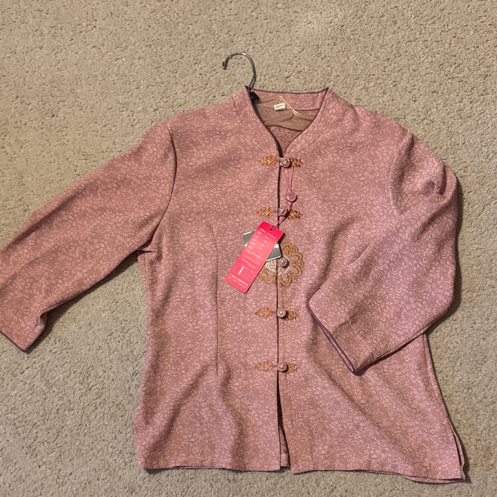 Women's Rose Pink Floral Brocade Jacket with Frog Closures